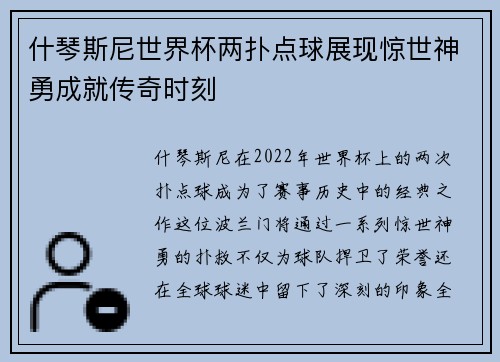 什琴斯尼世界杯两扑点球展现惊世神勇成就传奇时刻